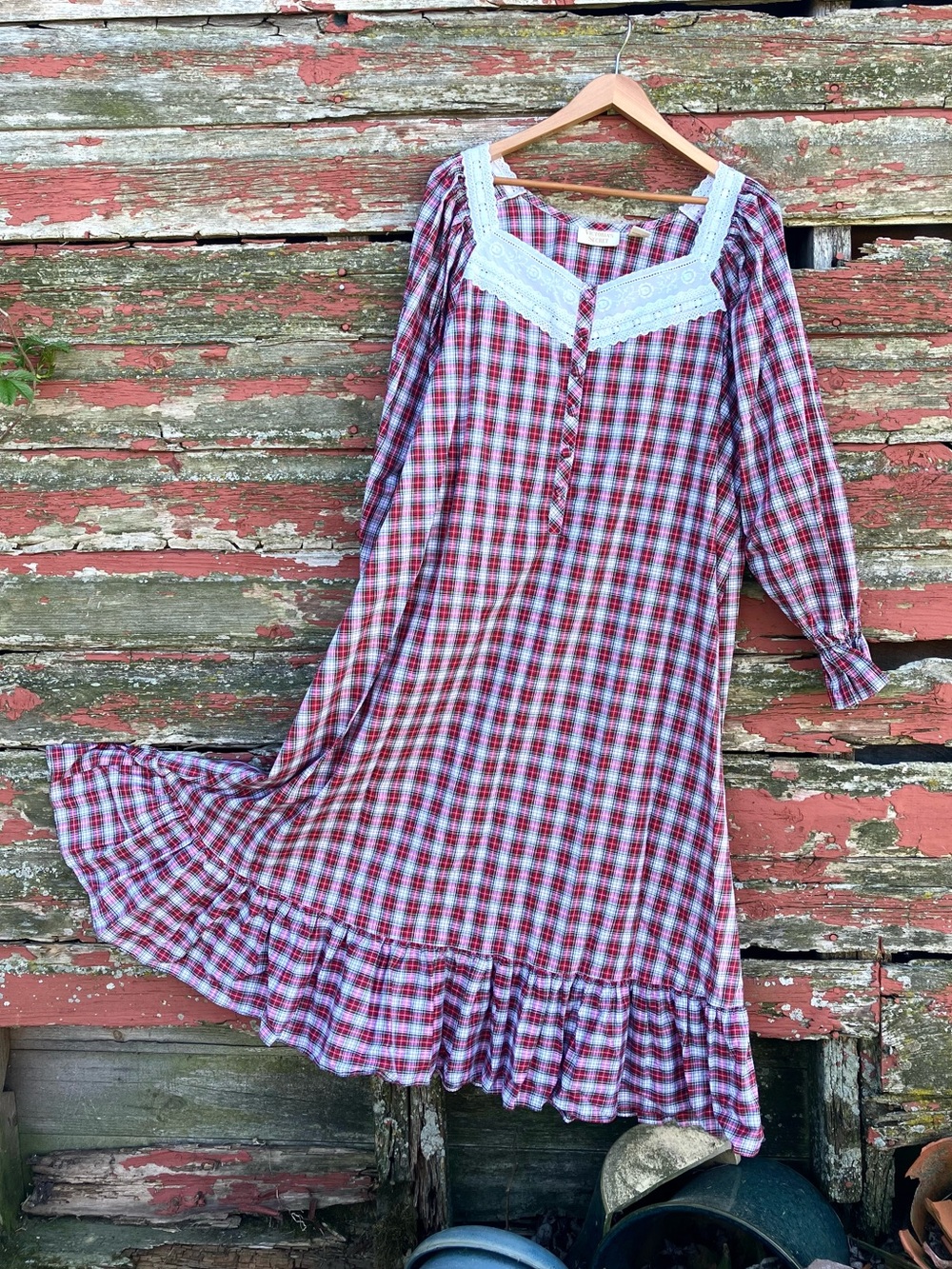 Vintage Victoria’s Secret Plaid Long Peasant Nightgown w/ Lace Trim Small